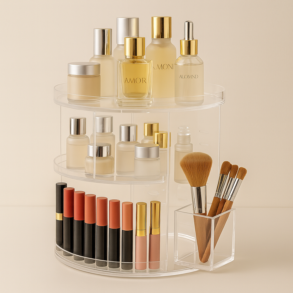 360° Rotating Acrylic Makeup Organizer – Elegant Vanity Storage Solution